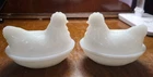 LOT OF 2   Hazel Atlas Milk Glass Hen on Nest 4.5" Vintage White Chicken