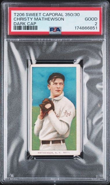 Christy Mathewson T206 Sweet Caporal 350/30, Dark Cap. PSA 2. Good