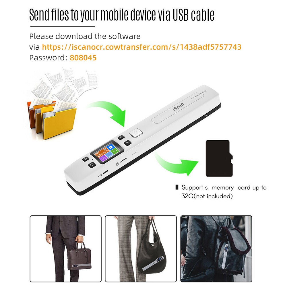 iScan ハンディスキャナー 300/600/1050 DPI iScan Handheld Portable Scanner 1050 DPI WiFi A4 Document Scanner