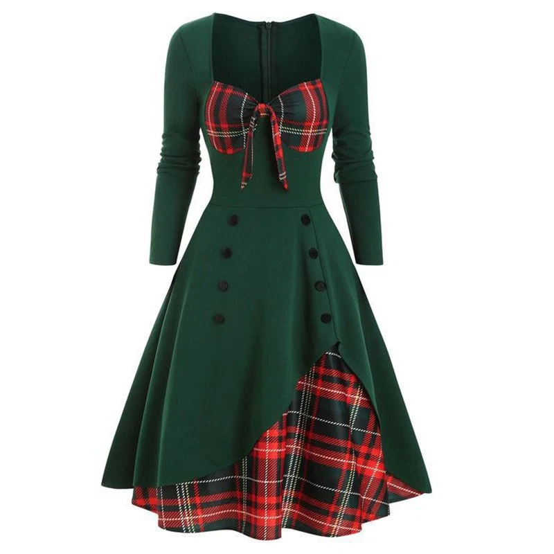 Rockabilly Kleid Damen – St. Patrick's Day Kleid Mit Grünem Kleeblatt, V-Ausschnitt Langarm, A-Linie, 50er Vintage Swing-Kleid Für Party & Abend