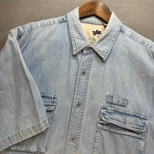 Bugle Boy Denim Shirt Mens XL Blue Short Sleeve Utility Button Up Cotton Vintage