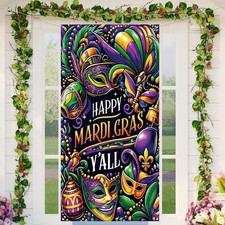 Happy Mardi Gras Door Cover Purple Mask Beads 71 inches x 35 inches, 