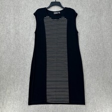 Chicos Travelers Dress 2 L 12 Black Striped Midi Slinky Scoop Neck Sleeveless