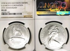Ascension Island,1978 Crown, Silver Superb Gem BU NGC 68, Pop 1, Only 1 Higher