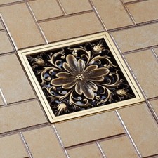 4" Square Floor Drain Waste Grate Antique Brass Art Carved Flower Shower Drain