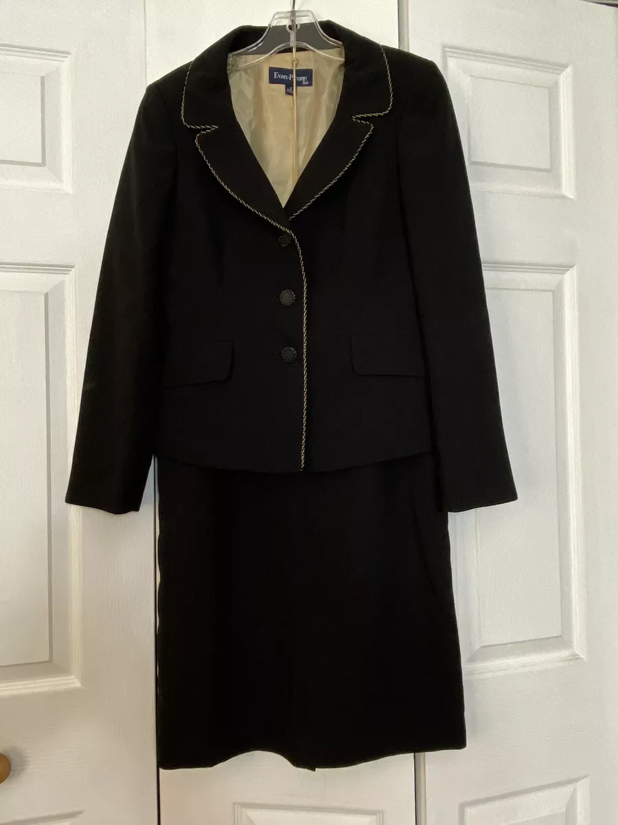 Evan Picone Size 6 Skirt Suit Black Gold Trim 2 Piece Blazer Jacket Skirt  Womens