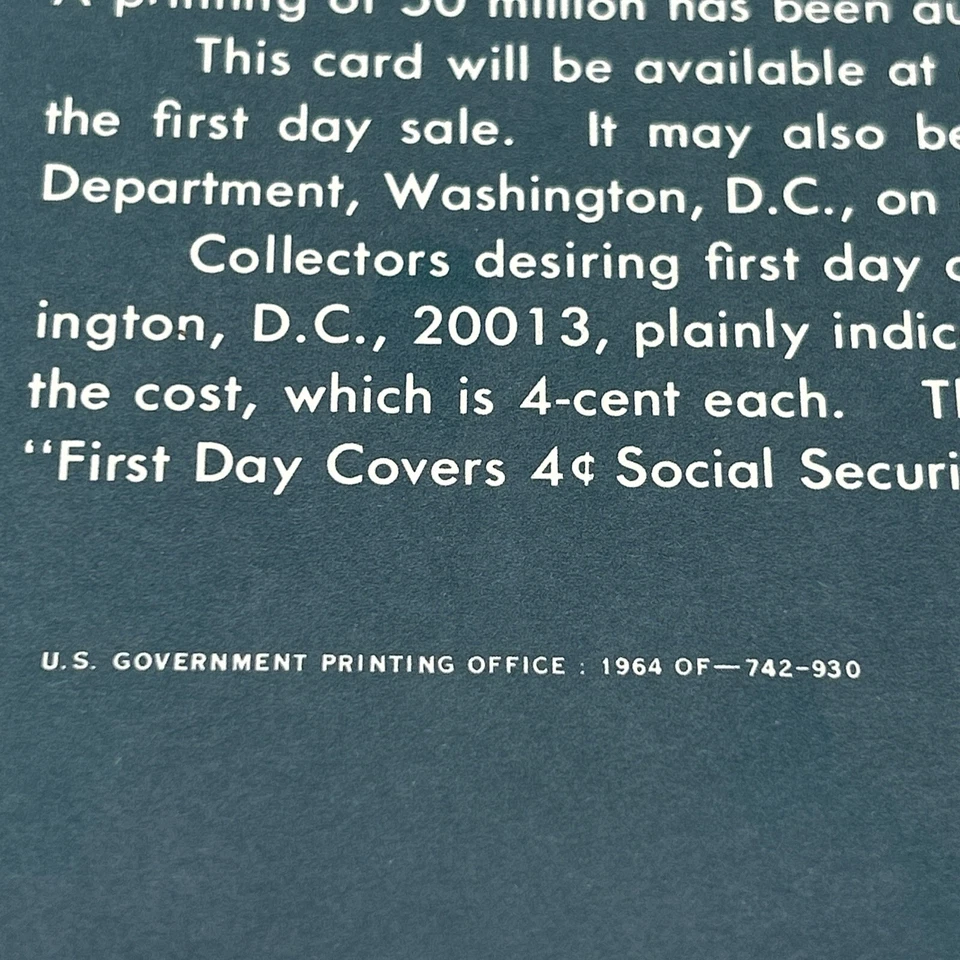 Vintage 1964 4¢ Social Security Commemorative Postal Card FDC Advertising - Image 4 of 4
