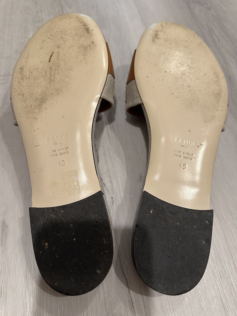 Fendi Women's Cuoio Grezzo Signature Bicolor Logo Slide Sandals