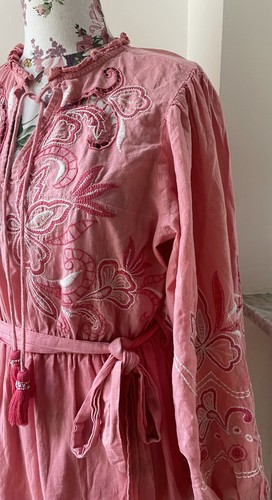 River Island Cotton Bouje Boho Peach Pink Floral Embroidered Belt dress 12 £55 - Picture 3 of 10