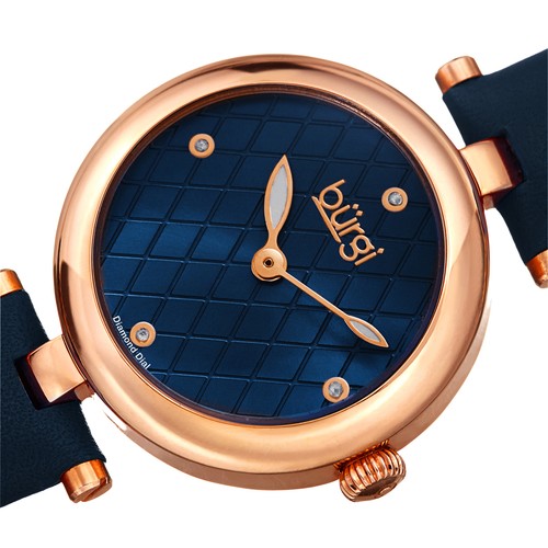 Women's Burgi BUR196 Diamond Markers Argyle Pattern Dial Leather Strap Watch - Picture 7 of 21