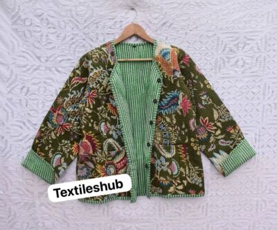 Indisch Grün Blumenmuster Gesteppt Baumwolle Jacke Handmade Damen Bekleidung US