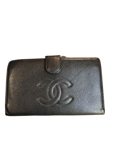 Vintage genuine CHANEL black caviar leather long wallet organizer Authenticated