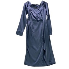PRETTY LITTLE THING Women's Dress Blue Silky Maxi Ruffled Side Seam Slit Size 4