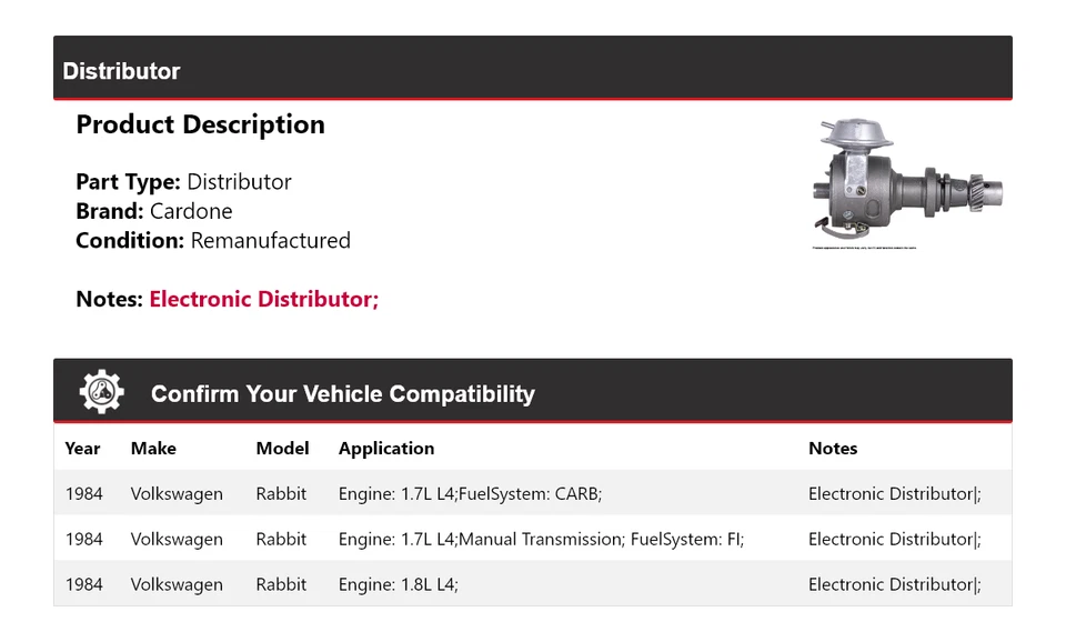 For 1984 Volkswagen Rabbit Distributor Cardone - Image 2 of 4