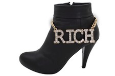 Women Western Gold Metal Chain Boot Bracelet RICH Shoe Charm Anklet Word Phrase