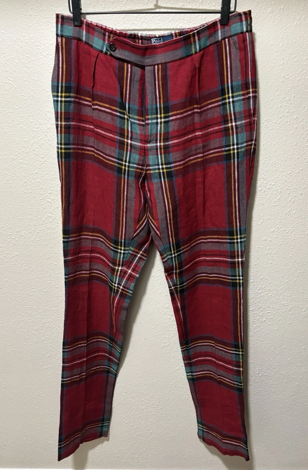 Polo Ralph Lauren Men's Plaid Tartan Pleated Pants Linen Suit Trousers Size 36