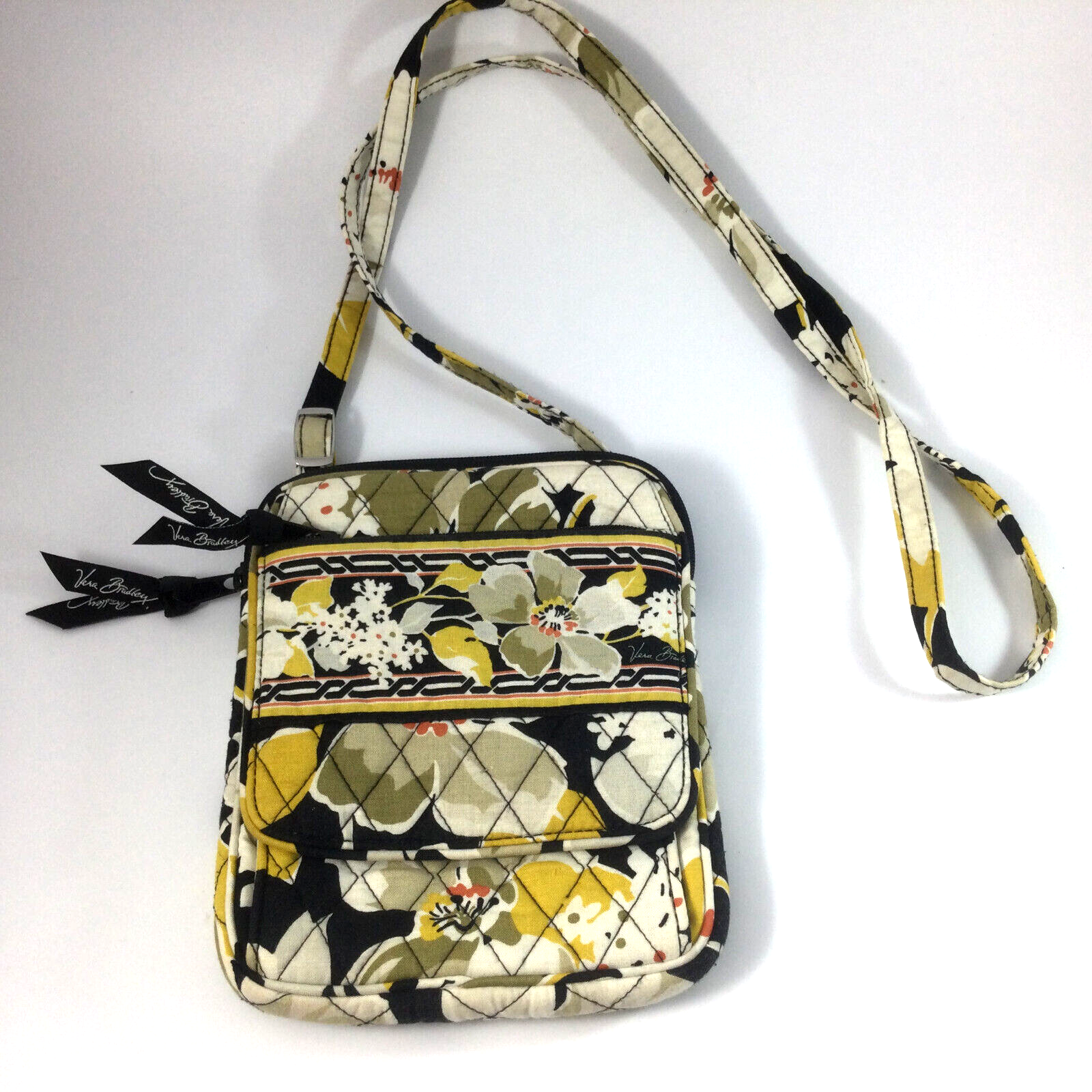 Vera Bradley Black Yellow Floral Crossbody Wallet Purse with Zip Closure  