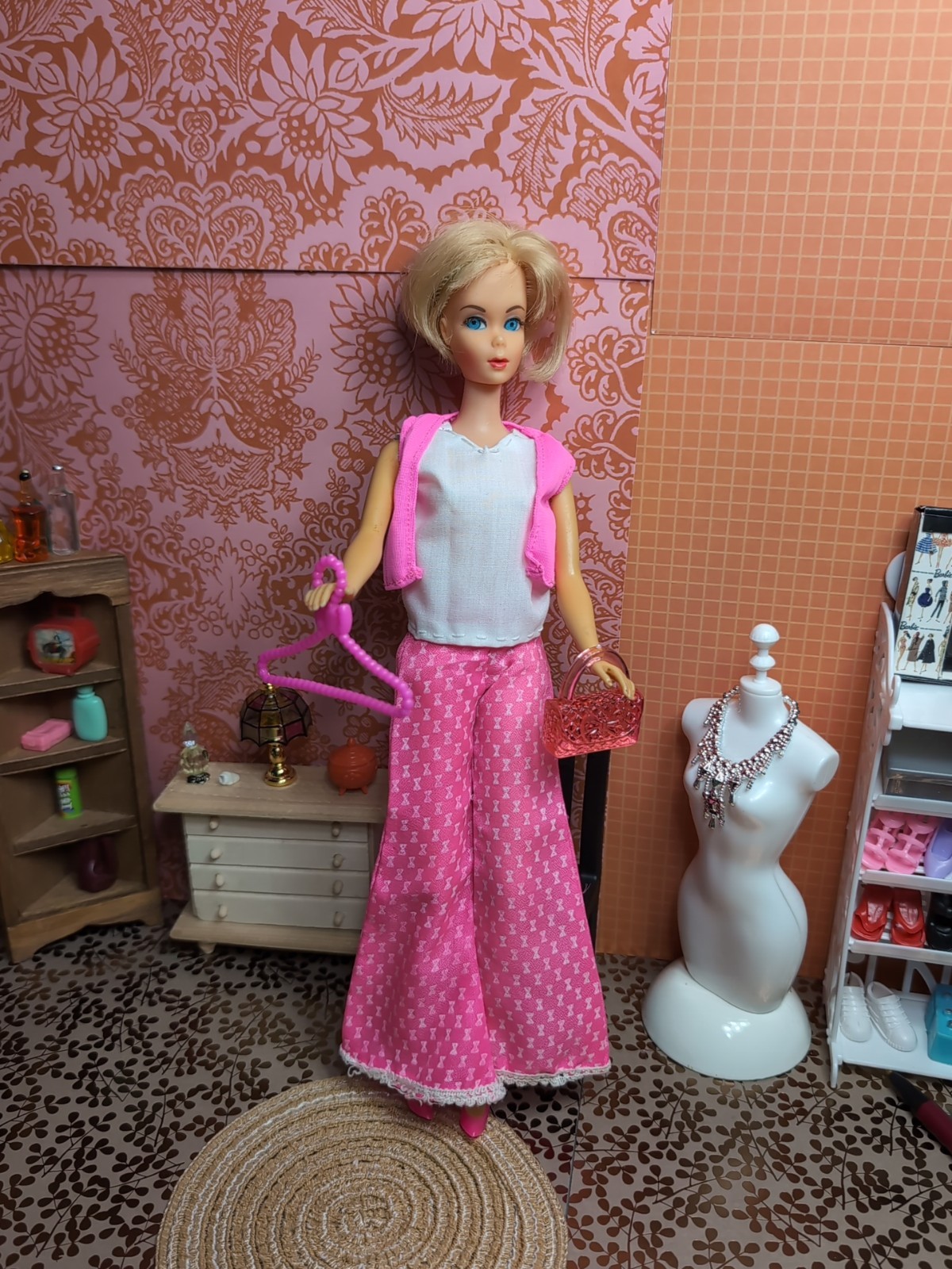 Vintage Barbie Clone Outfit - Pants Top Vest Shoes + Purse & Hanger
