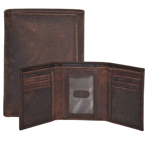 Trifold RFID Leather Wallet, 1 ID Window, 6 Card Slots, Slim, Hunter Brown