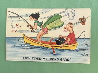 VTG Postcard Adult Slapstick Humor 50 s  Look Clyde My Hook's Bare  Fishing Moon