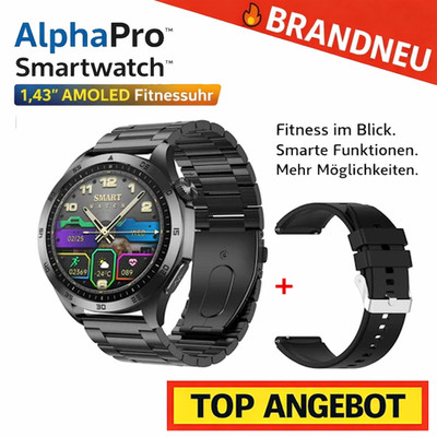AlphaPro  Smartwatch 1,43'' AMOLED Fitnessuhr Herzfrequenz SpO2 Bluetooth