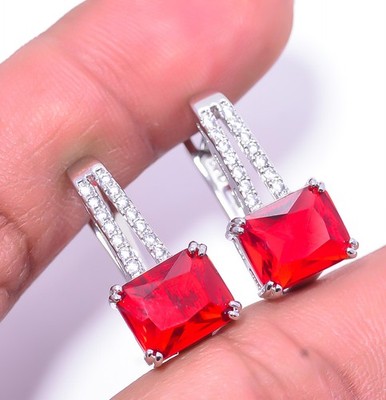 Red Garnet & Cubic Zirconia 925 Sterling Silver Handmade Earring 0.86'' E13