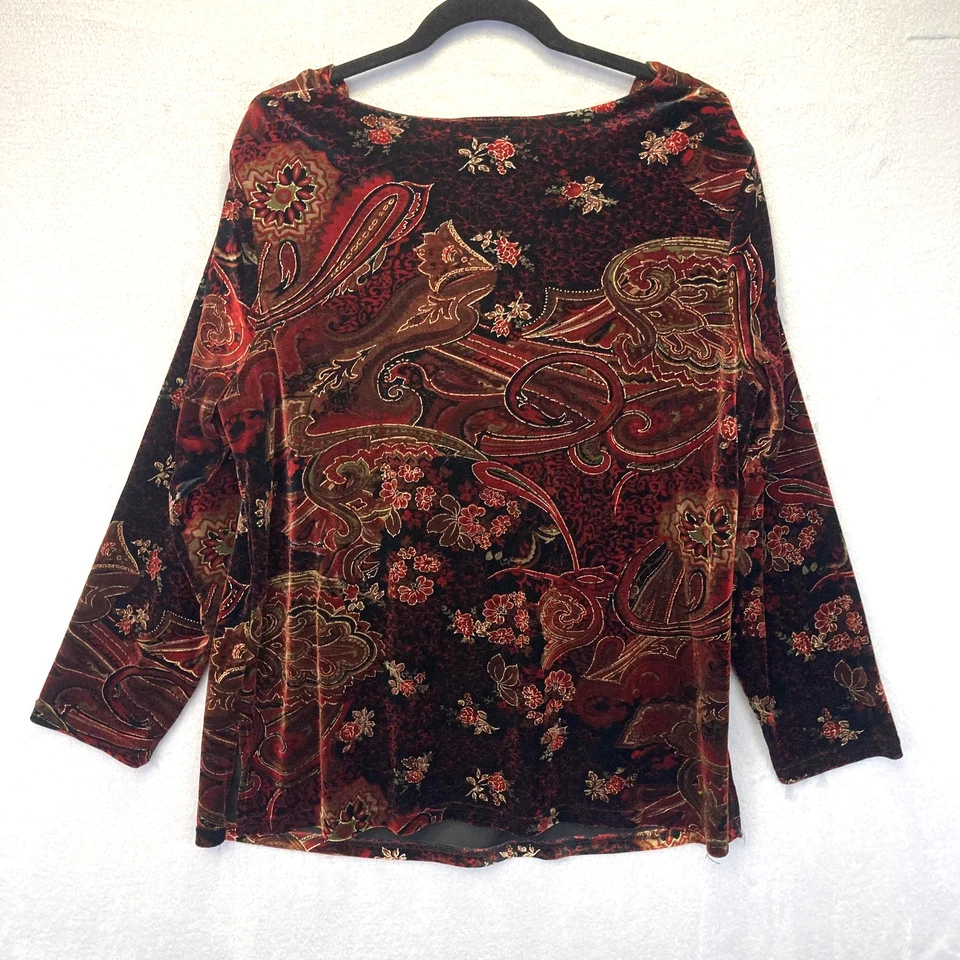 Camisa Coldwater Creek para mujer 1X roja negra cachemira terciopelo capucha cuello hecha en EE. UU. Foto 2 de 4