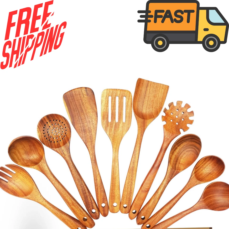 Wooden Spoon Set of 10 Pcs Wood Utensils for Non Stick Cook with hanger Cooking - Image 3 of 4