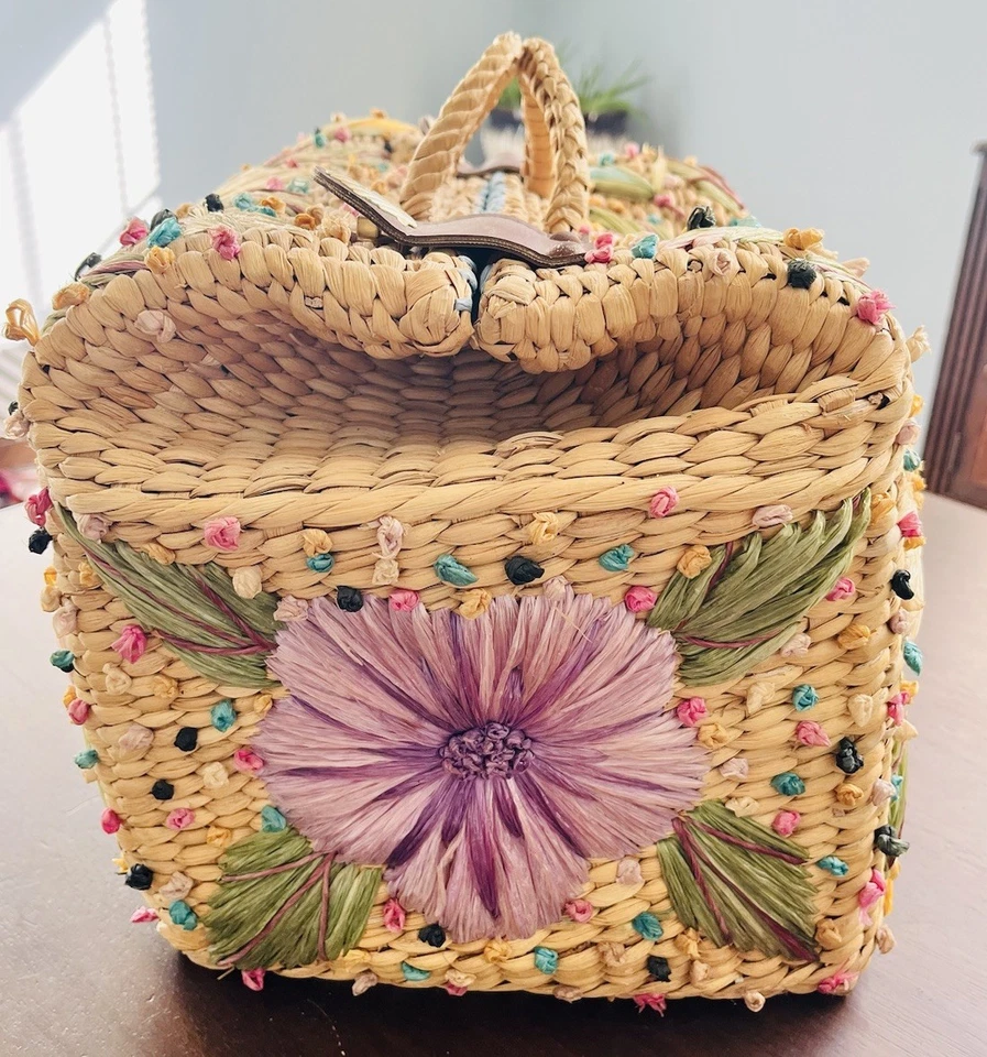 De Colección Bolso Floral Cartera Grande Tejido Rafia Paja Playa Picnic Boho Lona Resort Foto 2 de 4