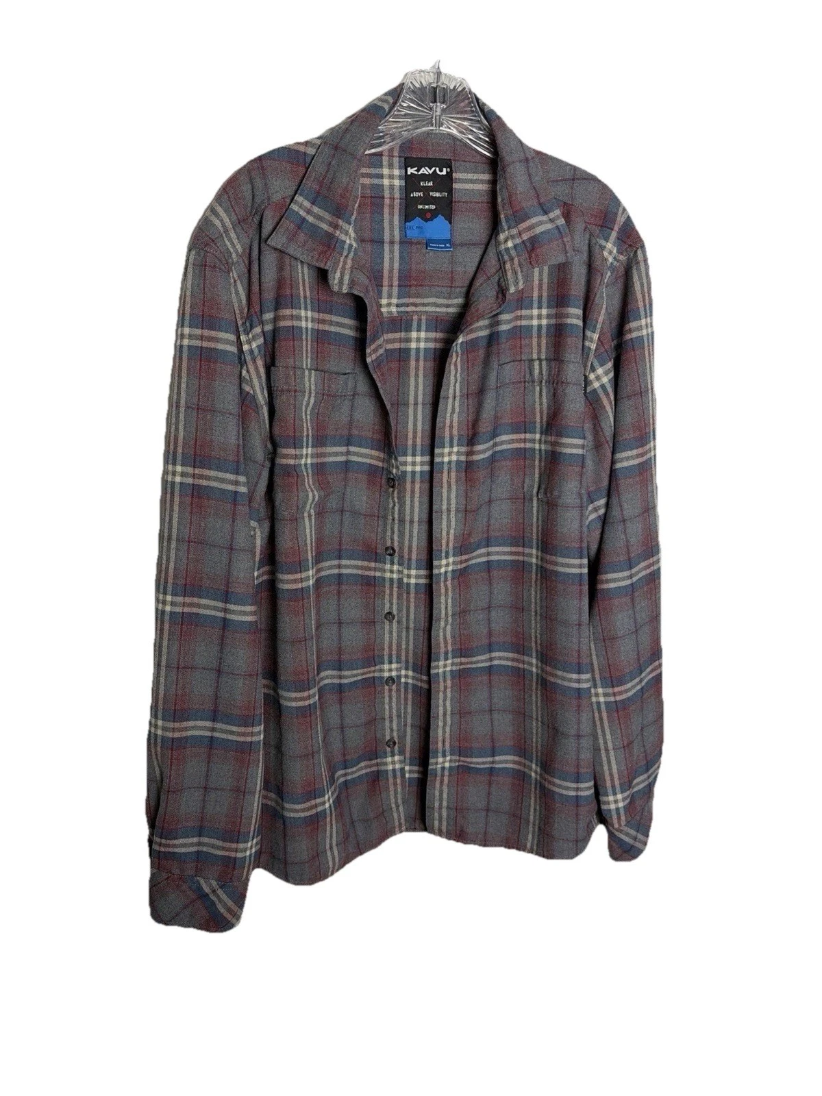 KAVU Plaid Flannel Shirt XL Gray Blue Red Button Front Outdoor