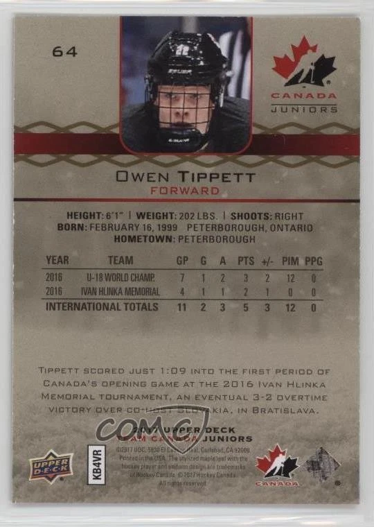 2017 Upper Deck Team Canada Juniors Exclusives Red /199 Owen Tippett Rookie RC - Image 2 of 2