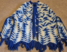 Vintage Handmade 60 70s CROCHET KNIT Poncho Shawl Coat Sweater Blue White S/M