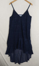 BB Dakota Velvet Flocked Slip Dress Womens Small Navy Velour Hi Low Ruffle Hem