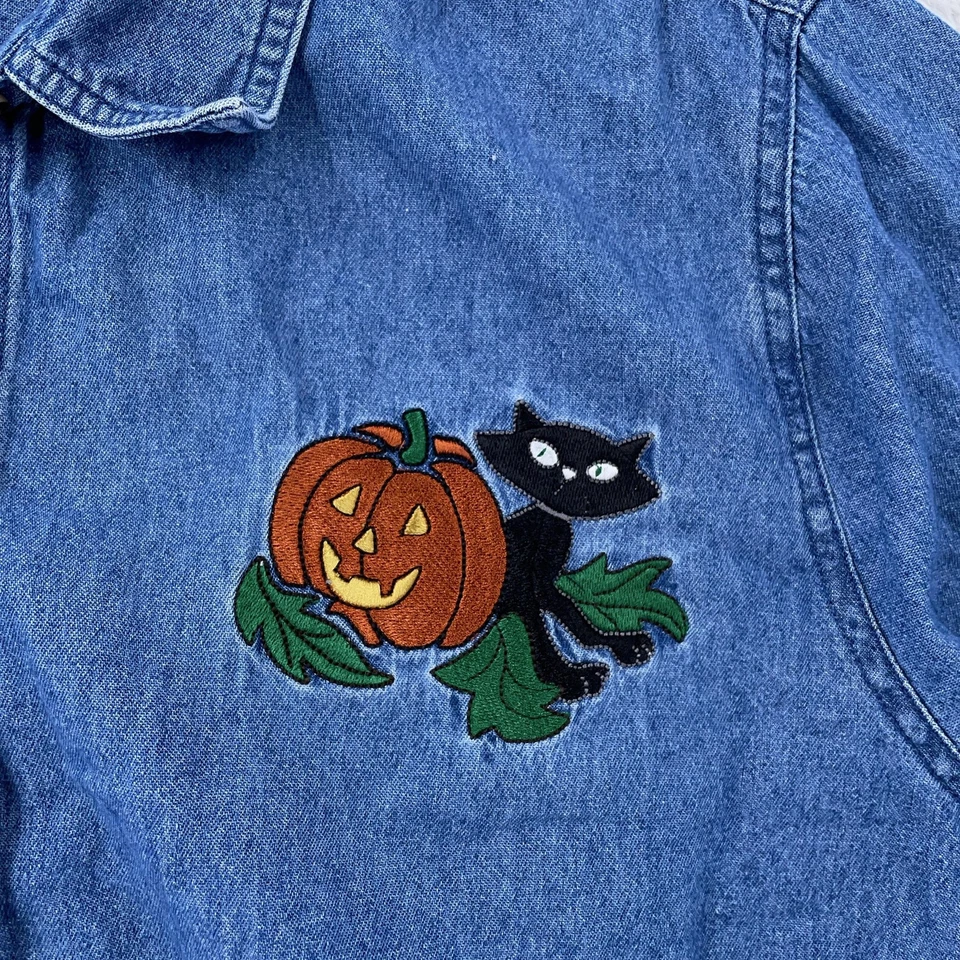 Halloween Pumpkin Cat Denim Shirt Womens 2X Button Up Long Sleeve Embroidered - Image 4 of 4