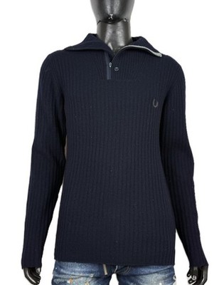 Fred Perry Herren Pullover Gr. XL Wolle Navy Blau Half Zip Stehkragen