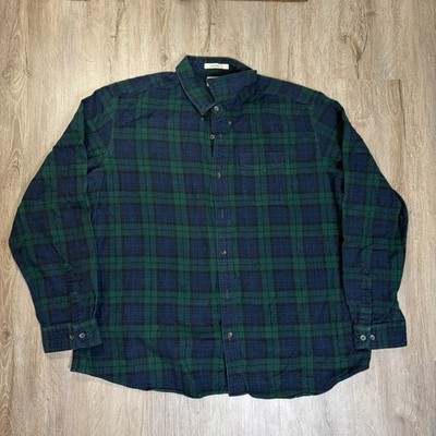 LL Bean Mens Plaid Button Up Shirt Long Sleeve Green XXL 2XL 100% Cotton 