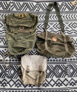 Vintage 40s WW2 US Military Olive Drab Canvas Laundry Utility Bag Distressed LOT