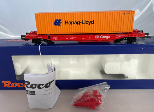 Roco HO 66596 DB Cargo LWB Drehgestell Flachwagen c/w Hapag-Lloyd Großcontainerladung | Condition: Used