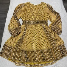 Ulla Johnson Silk Dress 4 Yellow Gold Amabelle V Neck Floral Motif Boho Luxury