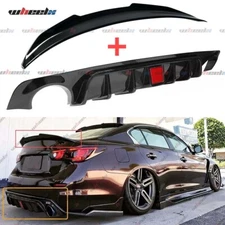 For 2018-2024 Infiniti Q50 LED Rear Bumper Diffuser & Trunk Spoiler Gloss Black
