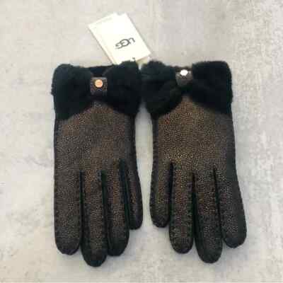 UGG Bow Shorty Water Resistant Sheepskin Gloves (Metallic Black) SZ M