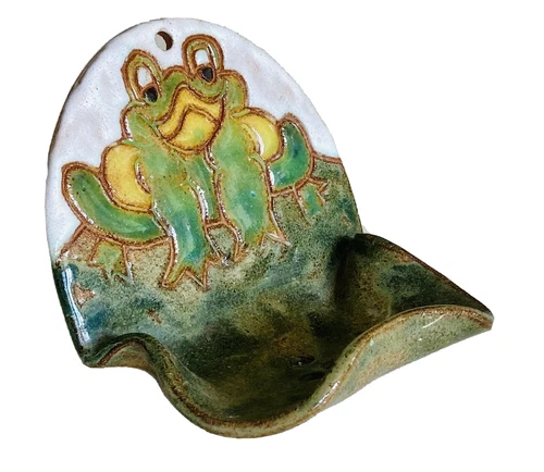 Frog Soap Sponge Dish VINTAGE 60s POTTERY DRIP GLAZE Cute Farmhouse Retro Cabin