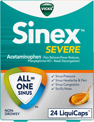 NEW Vicks Sinex SEVERE LiquiCaps, Max Strength Sinus Relief, 24 Ct