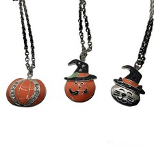 Halloween Necklaces Set of Three 20 Pumpkin Cat Silver Tone Enamel Pendants