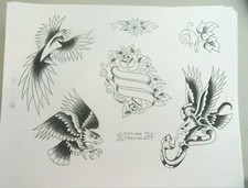 VTG RARE 1975 Picture Machine Tattoo Flash Sheet 24 Eagle Snake Parrot Roses