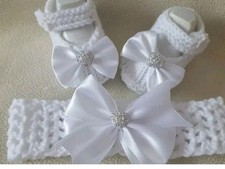 Hand knitted Romany Bling baby girls booties/shoes/Crochet headband.0-3 months