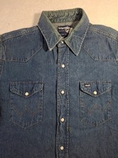 Wrangler Men's Western Denim Shirt 16.5 x 34 Long Sleeve Pearl Snap Casual Blue