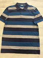 Calvin Klein Polo Shirt Mens Medium Navy Blue Gray Striped Cotton Golf Casual