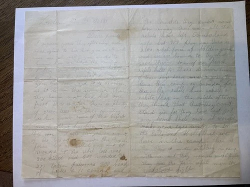 Civil War Letter Jan 9 1862 To Parents 900 Rebels Killed 28 Union Cumberland Gap