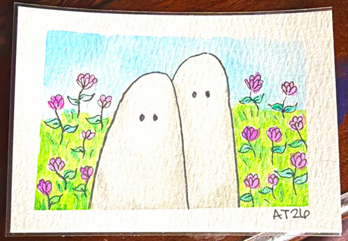 ACEO Two Ghosts in Flower Field on Paper Ink + Watercolor Signed